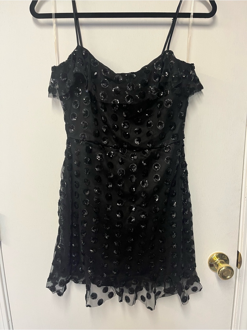 ROW A Black Sequin Polka Dot Mesh Mini Dress